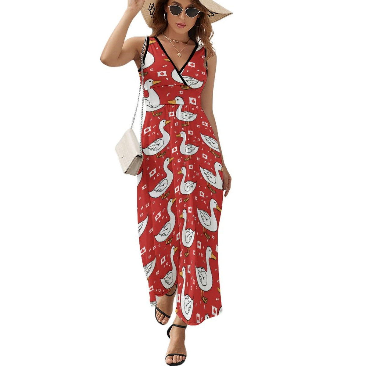 Robe longue sans manches à imprimé drapeau canadien et canards, col en V, style décontracté, robe débardeur