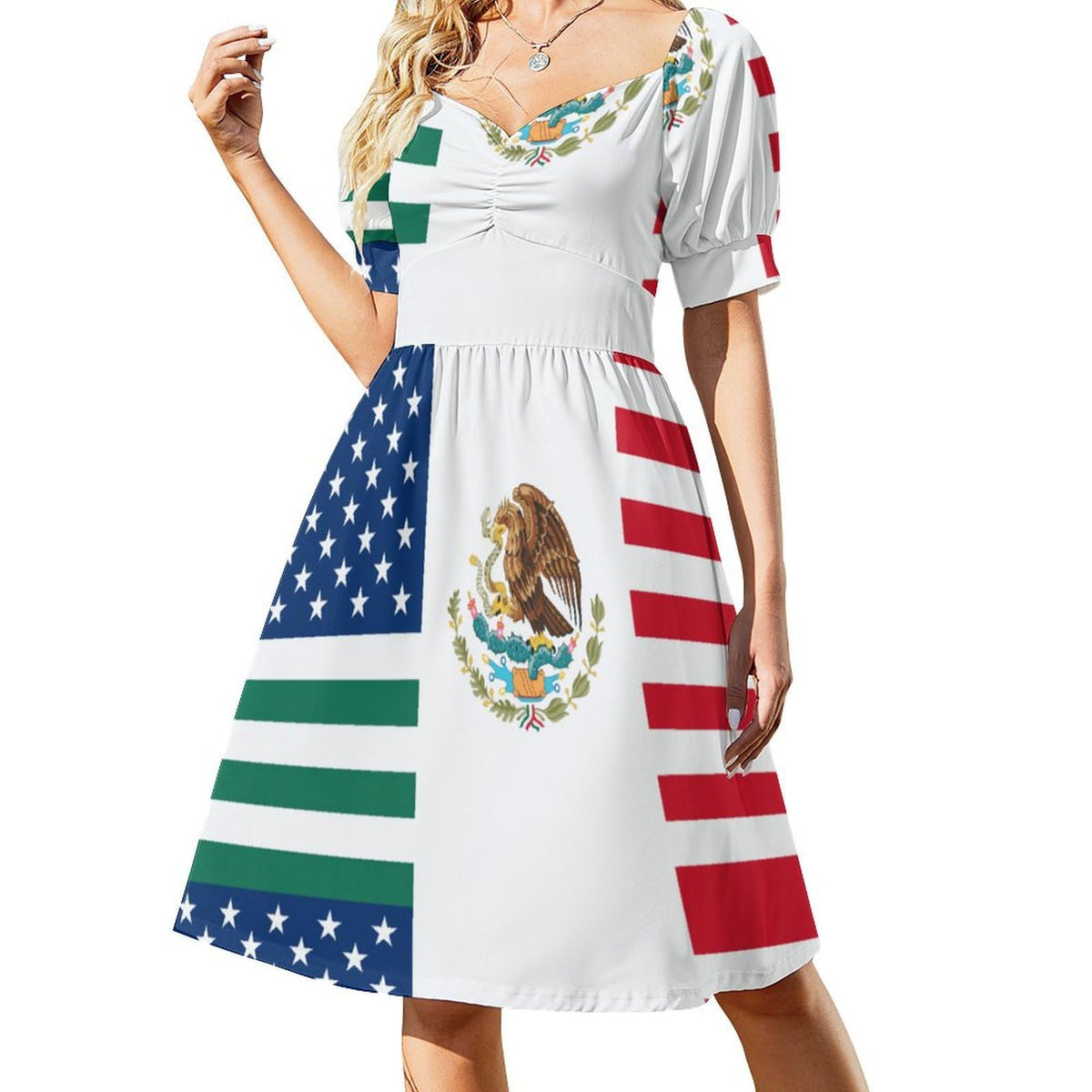 Robe d'été fantaisie à manches courtes et col en V pour femme, ornée du drapeau d'amitié États-Unis-Mexique.
