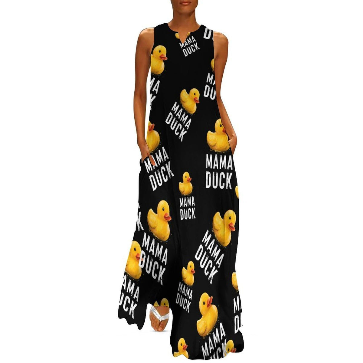 Robe longue maxi sans manches pour femme Mama Duck, col en V, coupe ample, unie, avec poches