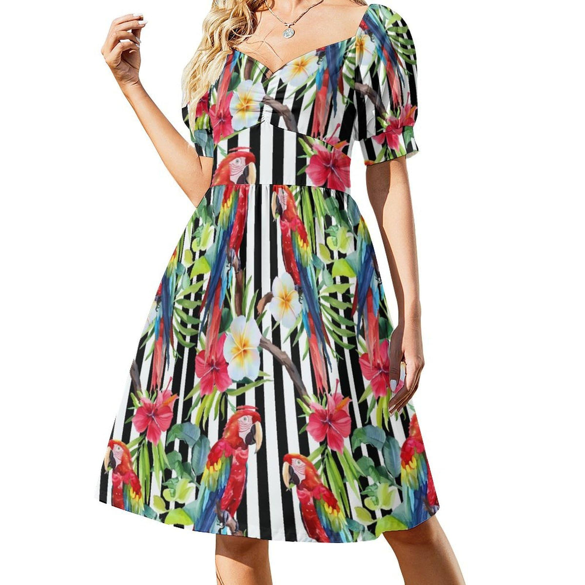 Robe d'été fantaisie à manches courtes pour femme, motif perroquet ara et fleurs, col en V, coupe trapèze